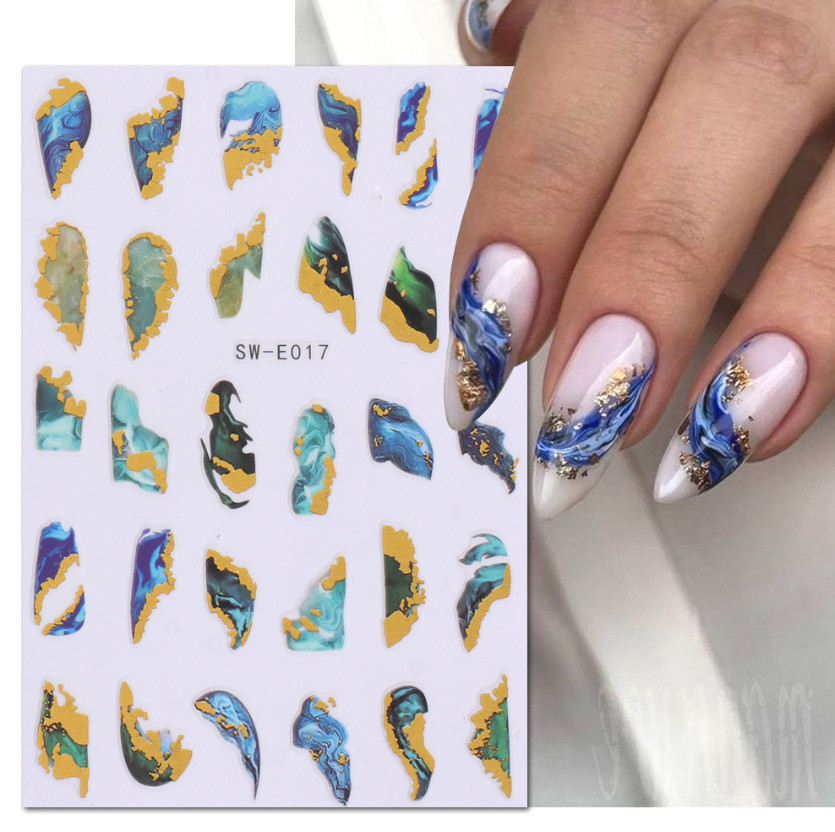 Nail Art Sticker Decal 3D Acrylic Blue Ink French Lines Marbles Golden Wave NS43