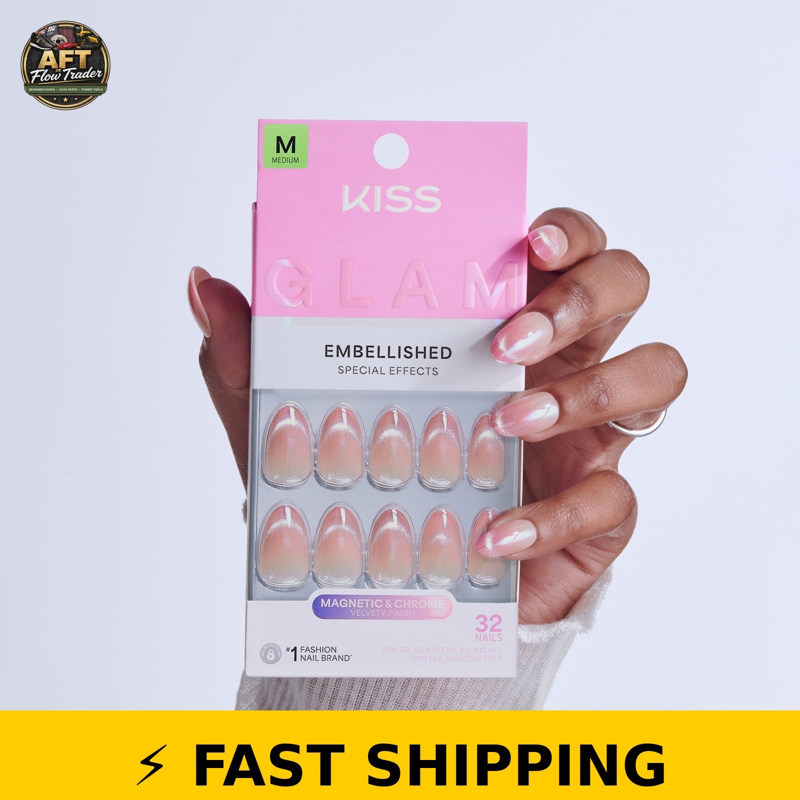 Kiss Glam Press On Nails Almond ‘Stardust Wonder’ Pink Medium 32 Count