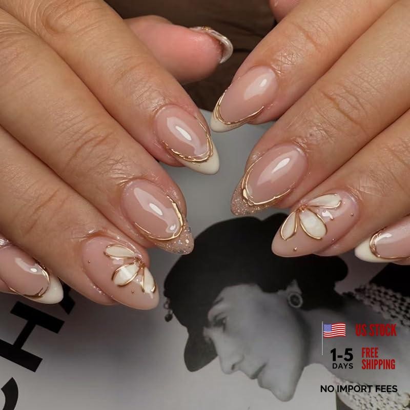 Pink French Tips Press On Nails Short 24 pieces (Pack of 1) 1889-Almond Flower