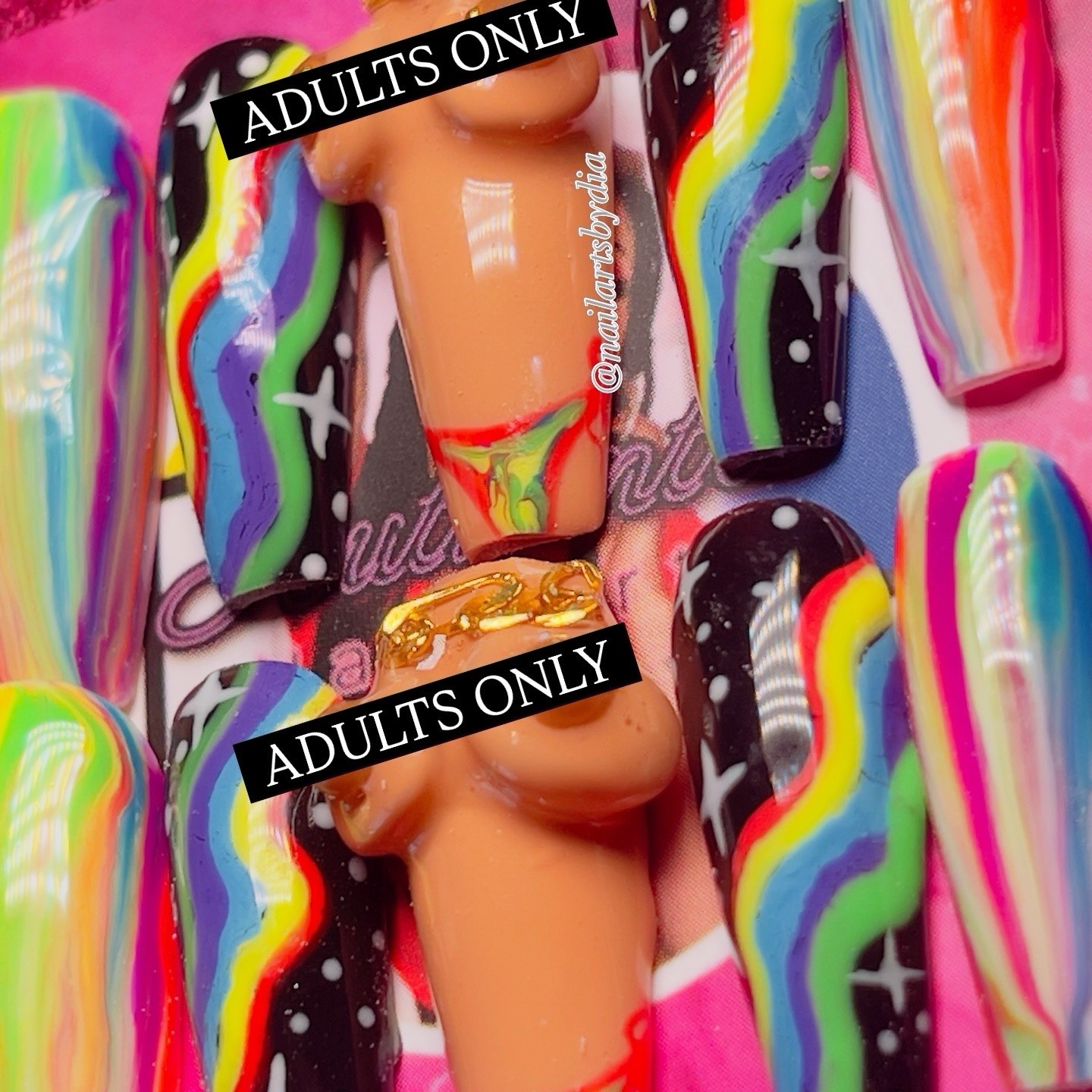 Rainbow Neon Acrylic Nail Set With Starry Accents 10 Pcs