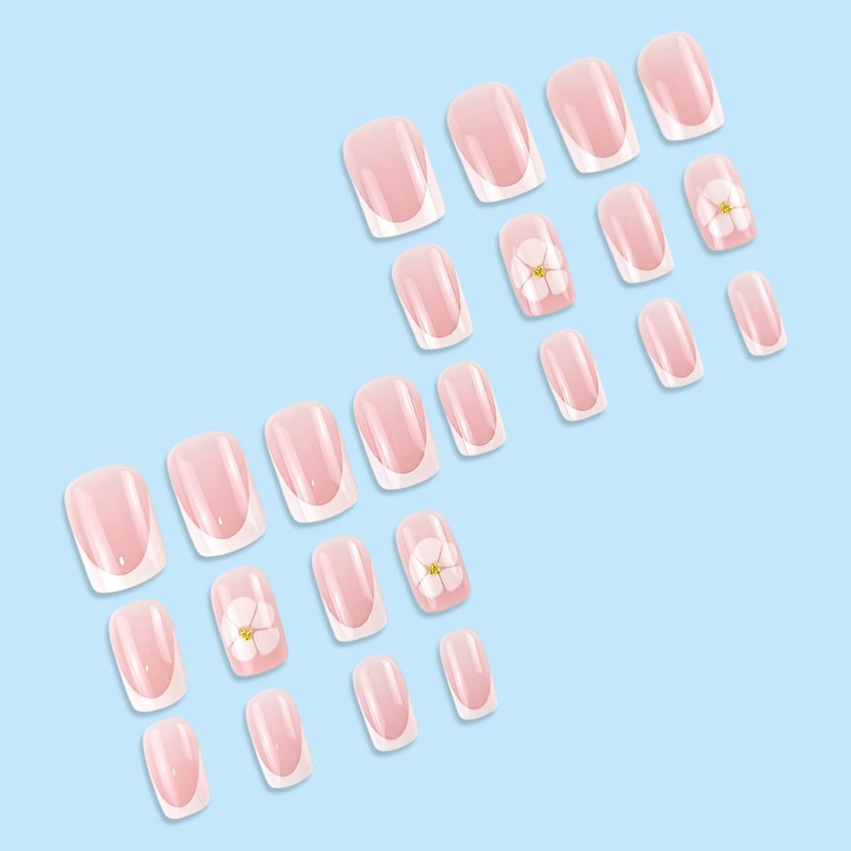 White French Tip Press on Nails White Flower Short Square Fake Nails With Gol…
