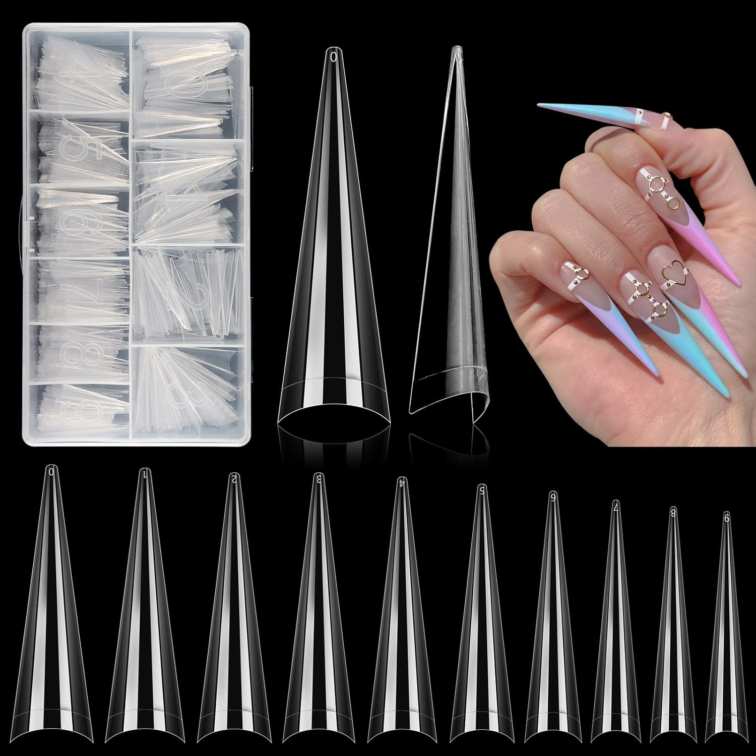 500Pcs Stiletto Nail Tips for Acrylic Nails, XL Long Clear False Large,