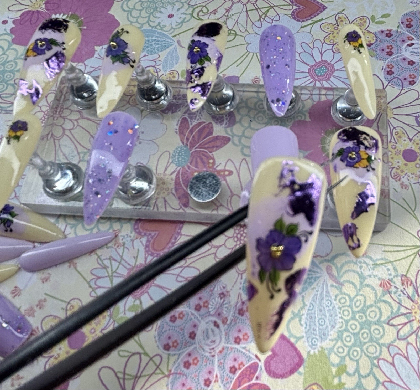 20 piece set handmade press on nails. Yellow purple floral med/short Stiletto