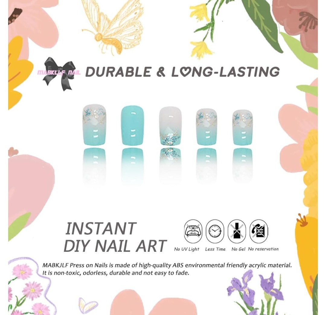 Summer Gradient Lake Blue Full Cover False Nails – 24 Pcs Glossy Stick…60% OFF