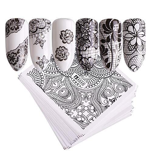 Nail Art Stickers, 40 Sheets Water Transfer Decals for DIY Black Lace Flower