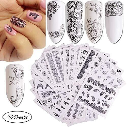 Nail Art Stickers, 40 Sheets Water Transfer Decals for DIY Black Lace Flower