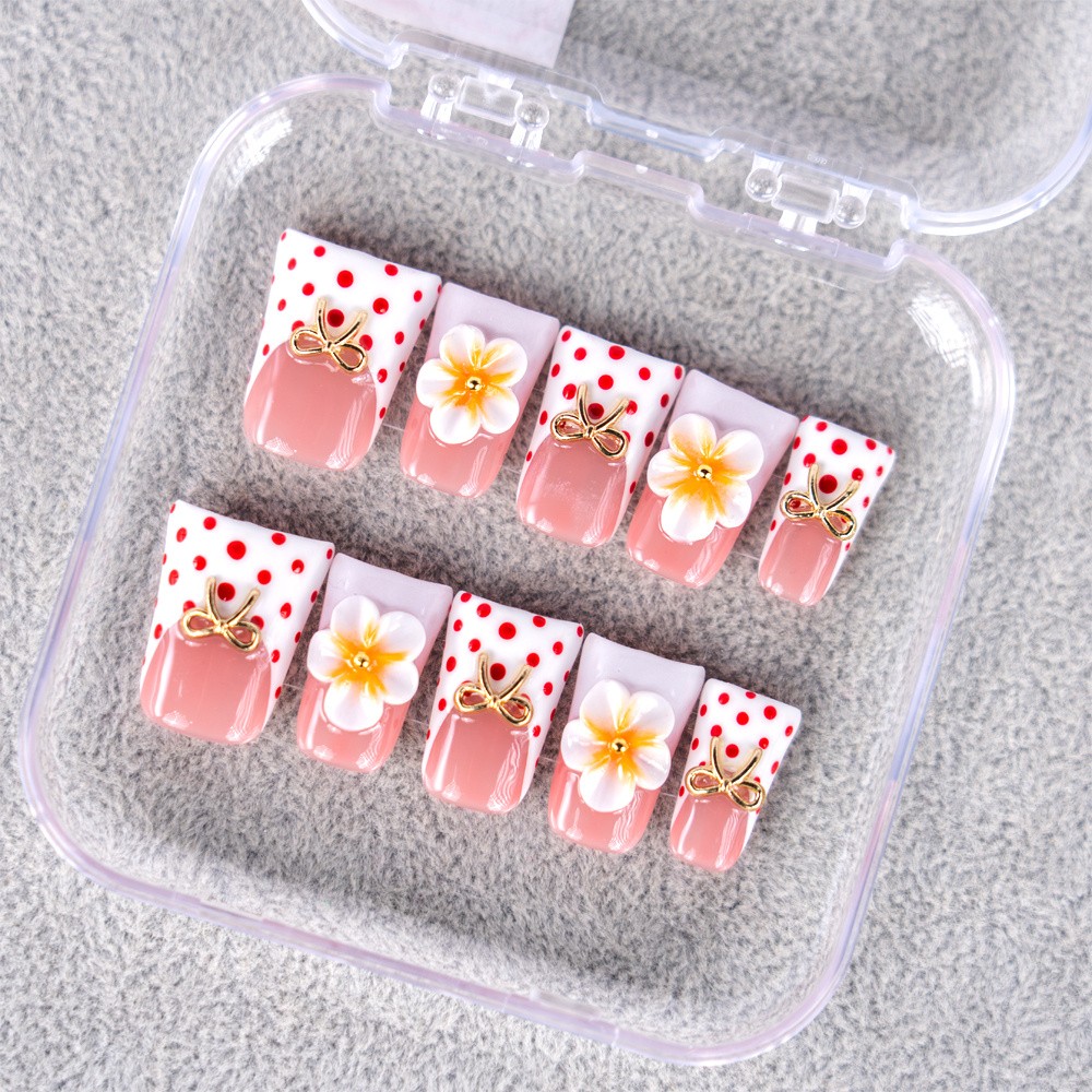 10pcs Handmade Nails, Yellow White Ombre w/ 3D Flowers, Red Polka Dot, Chic