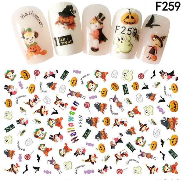 Nail Art Halloween Stickers Water Decals Snakes Goth Skull Pumpkin Scary Bats