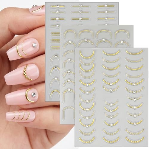 3Pcs French Line Nail Art Stickers Decals/Silver French Stripes Wave Nail Gold
