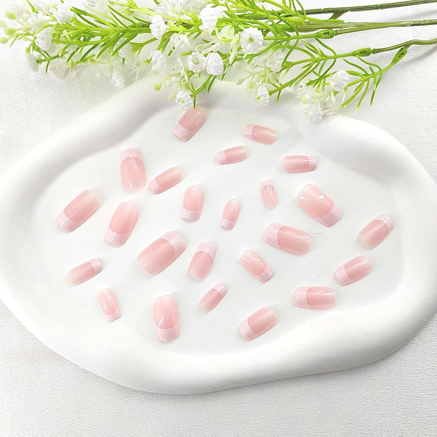 Medium Press on Nails Square White French Tip False Nails with Glitter Design Cu