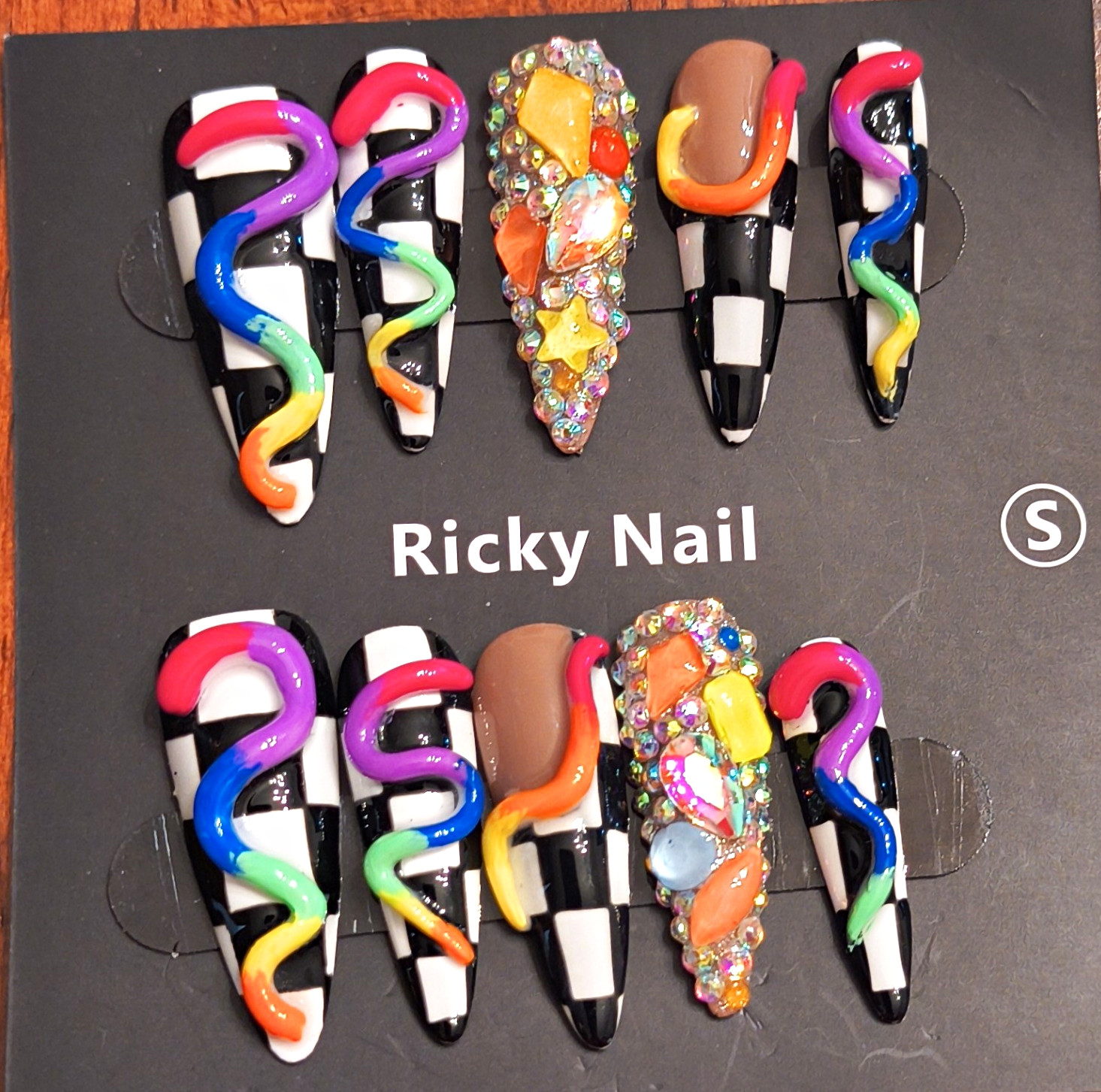 Ricky Nail Press-On Nails Long Stiletto Multicolor 3D Abstract Design Medium