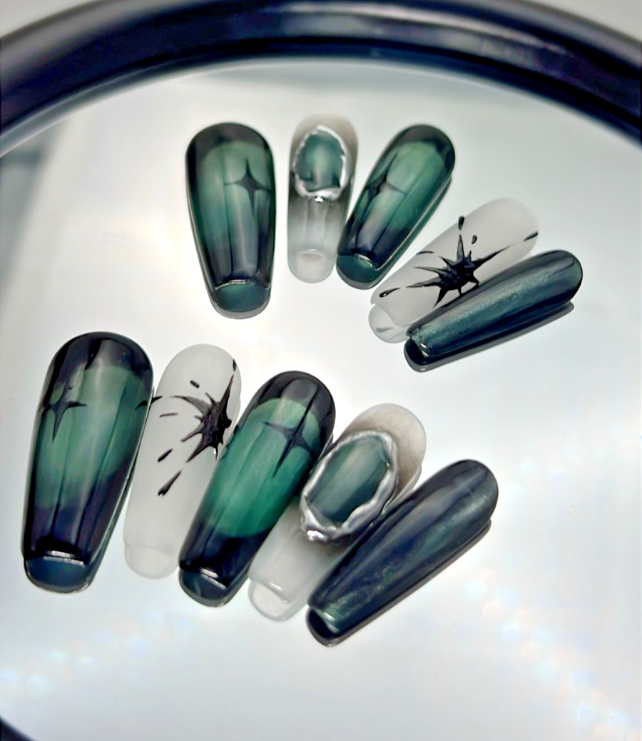 Dark Green Gradient Press On Nails | Gothic Starburst & Gem Design | Long Coffin
