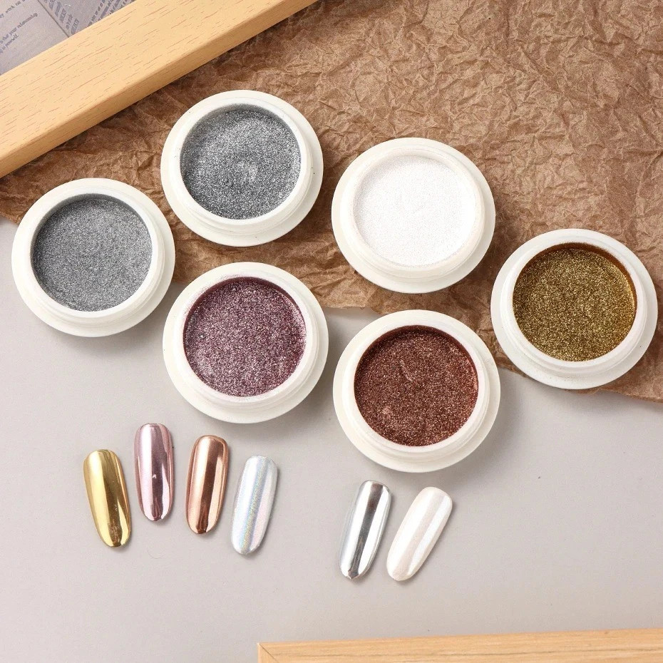 6PCS Chrome Mirror Nail Powder Set Gold Silver Holographic Aurora Pigment