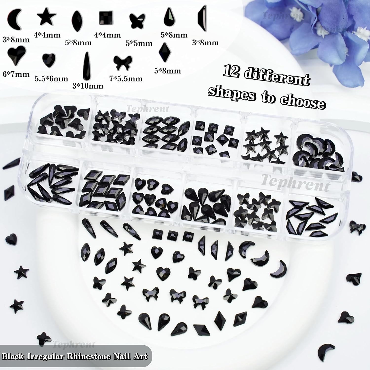 Gothic Nail Charms: 5 Boxes 12 Grids Black Bow Flower Gems for Acrylics