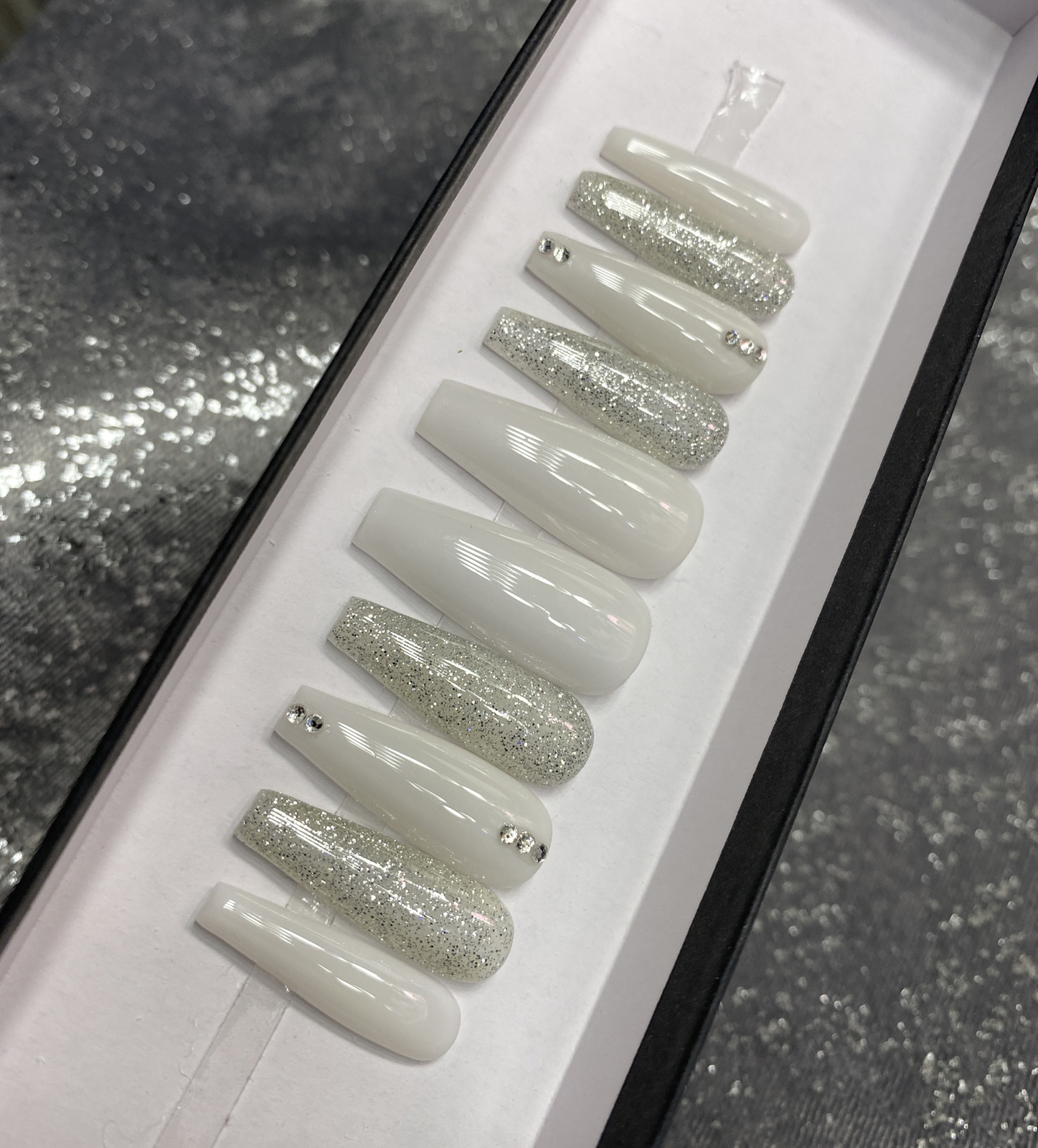 Luxury Gel Press On Nails, MILKY WHITE w/ BLING , Long Coffin, 10p W/ KIT