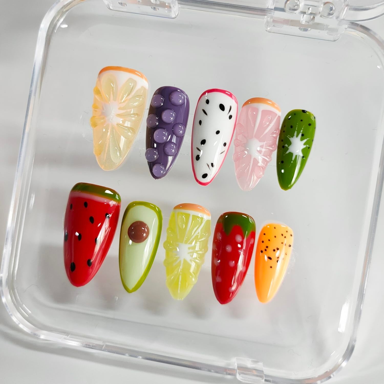 3D Fruit Almond Press-On Nails – Medium Length Cute Thick Acrylic Fake Nails, 10