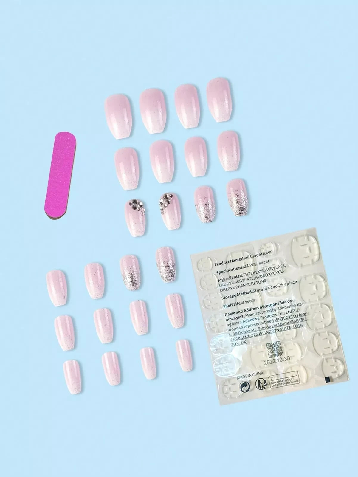 NEW 24 pc coffin pink & silver Rhinestone fake press on nails w/ nail tabs