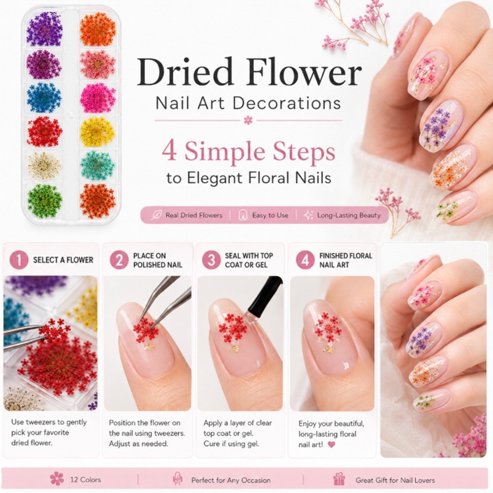 12-Color Real Dried Flowers Nail Art Set – 3D Decors DIY Manicure Tips Box