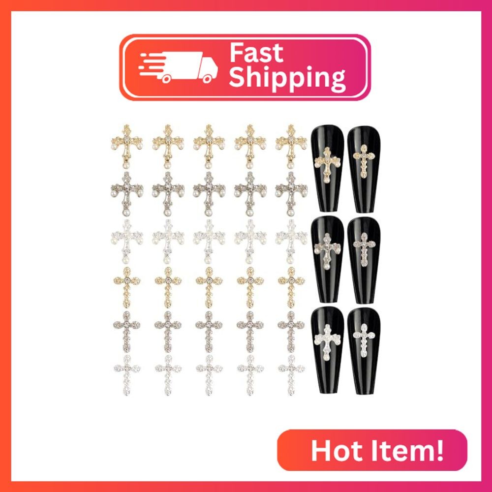 CRASPIRE 30Pcs 6 Styles Cross Nail Charms 3D Y2K Luxury Nail Gems Set Metal Allo