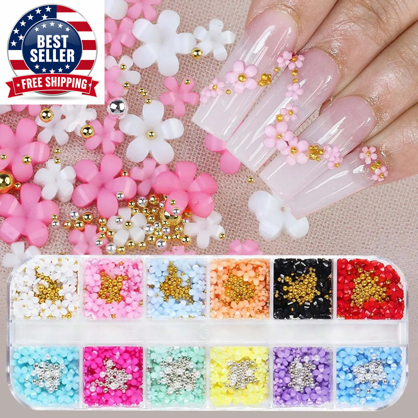 12 Grids/Box Nail Art Rhinestones 3D Color Resin Cute Flowers with Caviar Decora