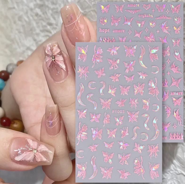 3 or 4Pcs Holographic Laser Pink Black Butterfly Star French Nail Stickers NS20