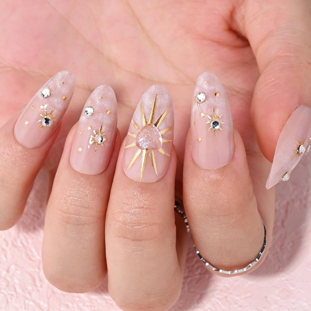 XZMeiLun 3D Boho Stars Gold Press On Nails 30 Pieces (Pack of 1), Q-1029