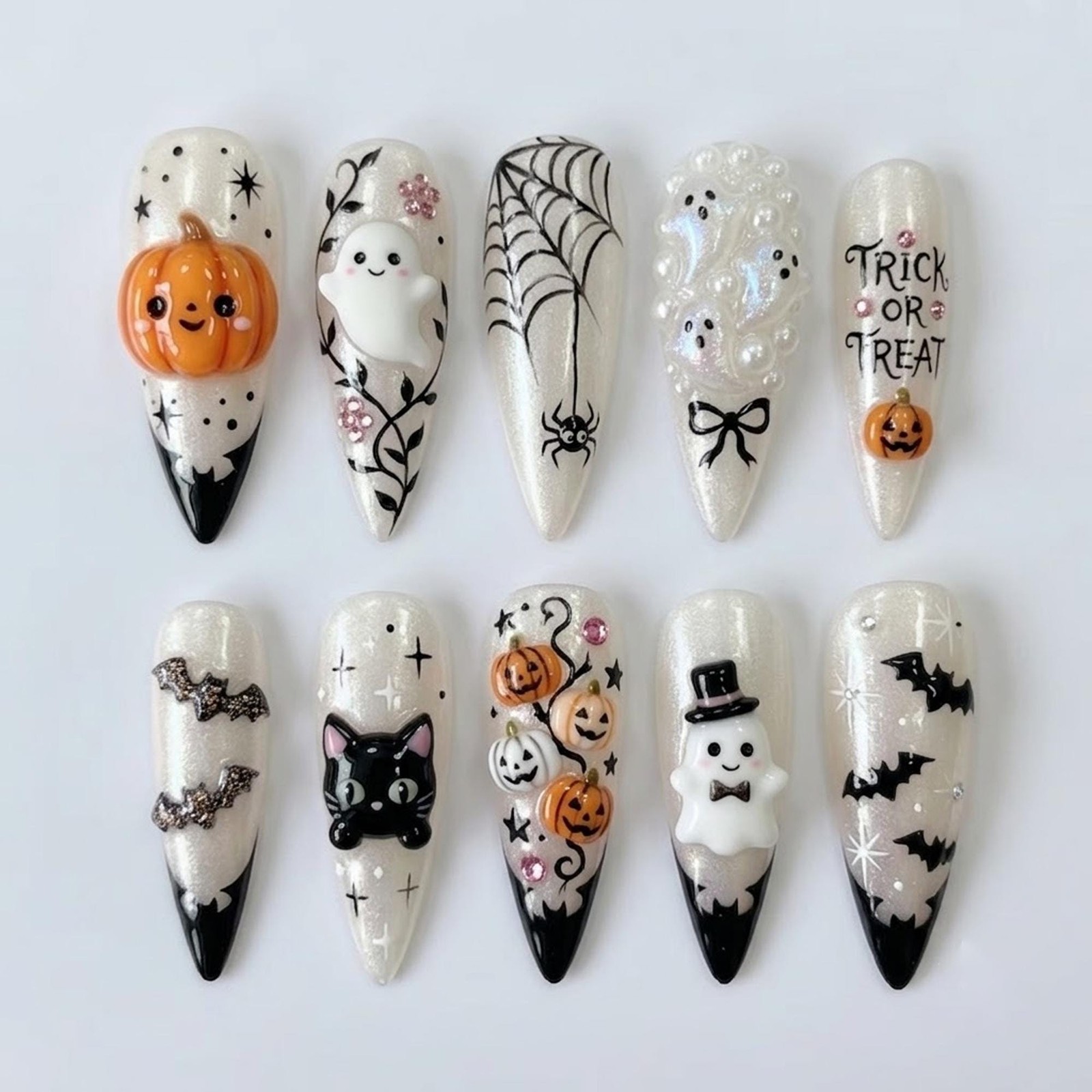 Custom Handmade Halloween Ghost Pumpkin Bat Cat Spider Stiletto Press on Nails