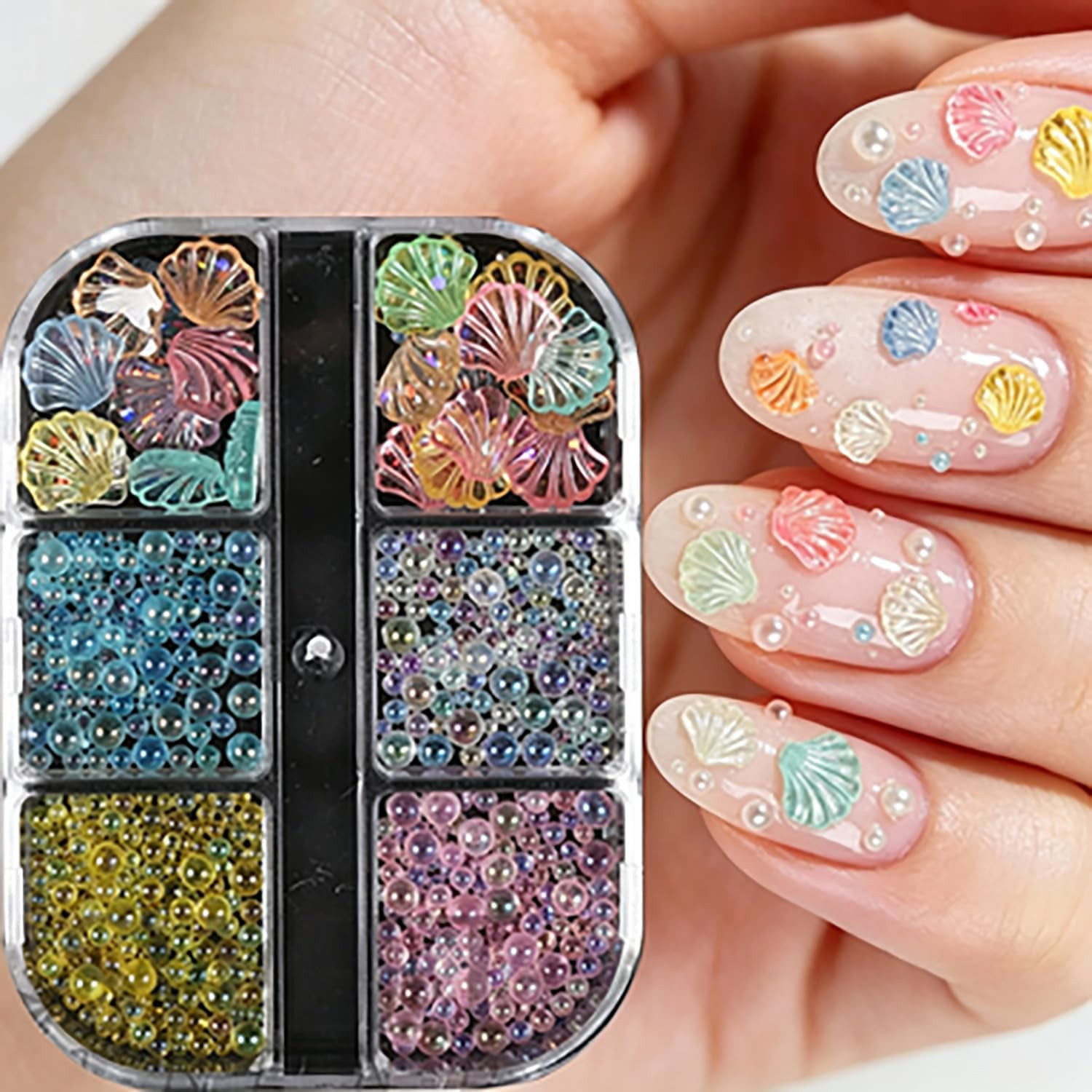 Iridescent Sector Seashell Nail Art Decoration 6 Grid, Resin Bubble Beads Nail R