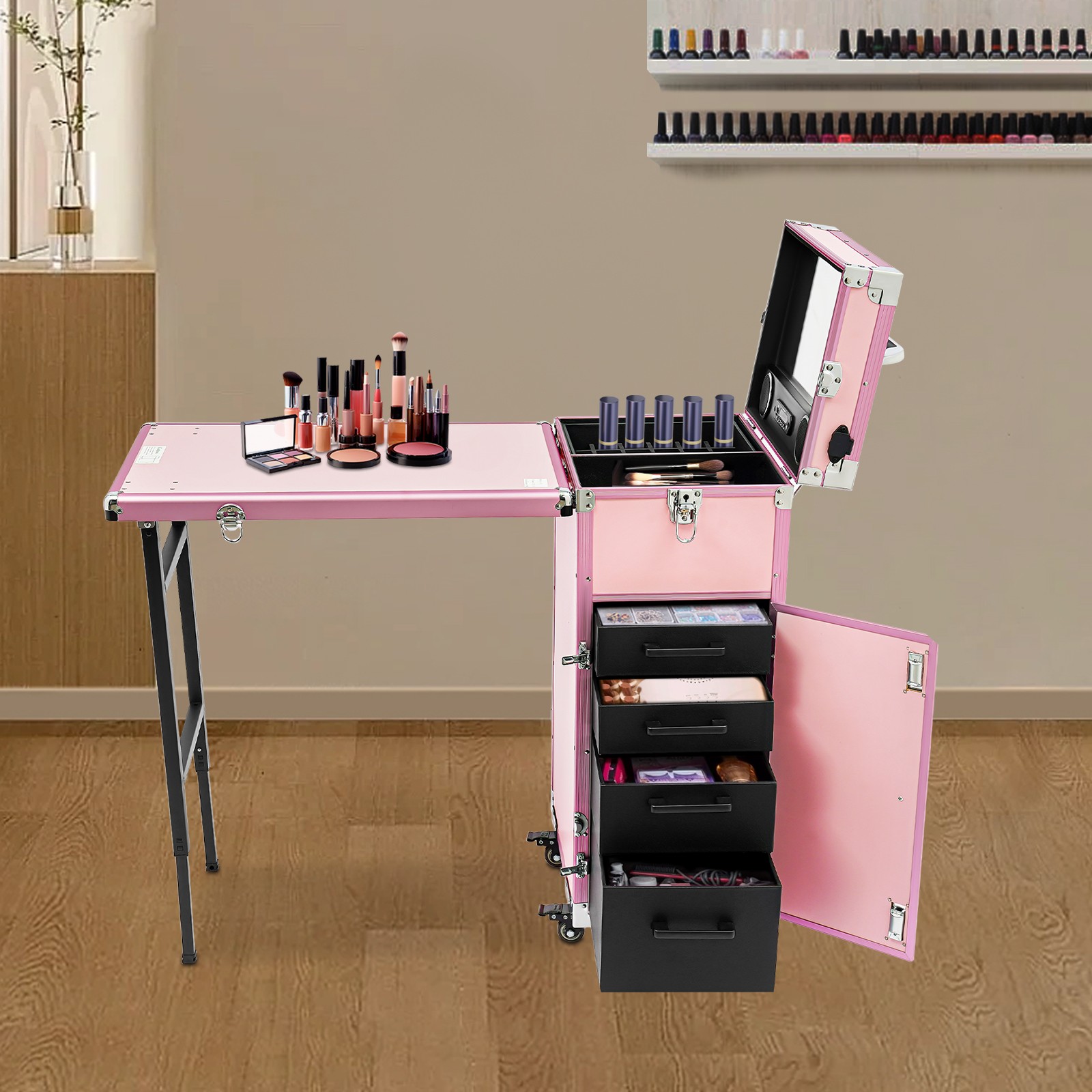 Foldable Manicure Table for Nail Tech, Nail Desk Station Makeup Storage Table