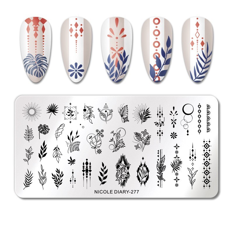 Nicole Diary 277 Nail Stamp Plate Flower Leaf Leaves Nature Line Art Plaid Swirl