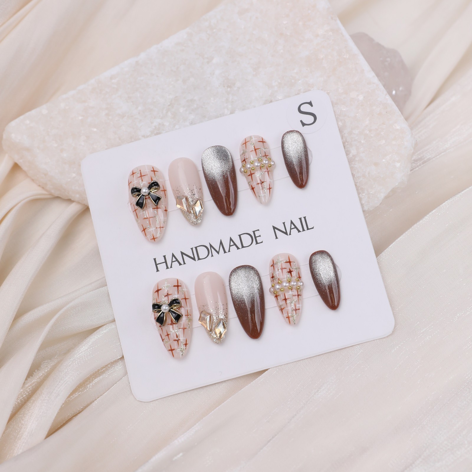 Medium Almond Press On Nails Nude Brown Plaid Bow Pearl Glitter Party Nail Set