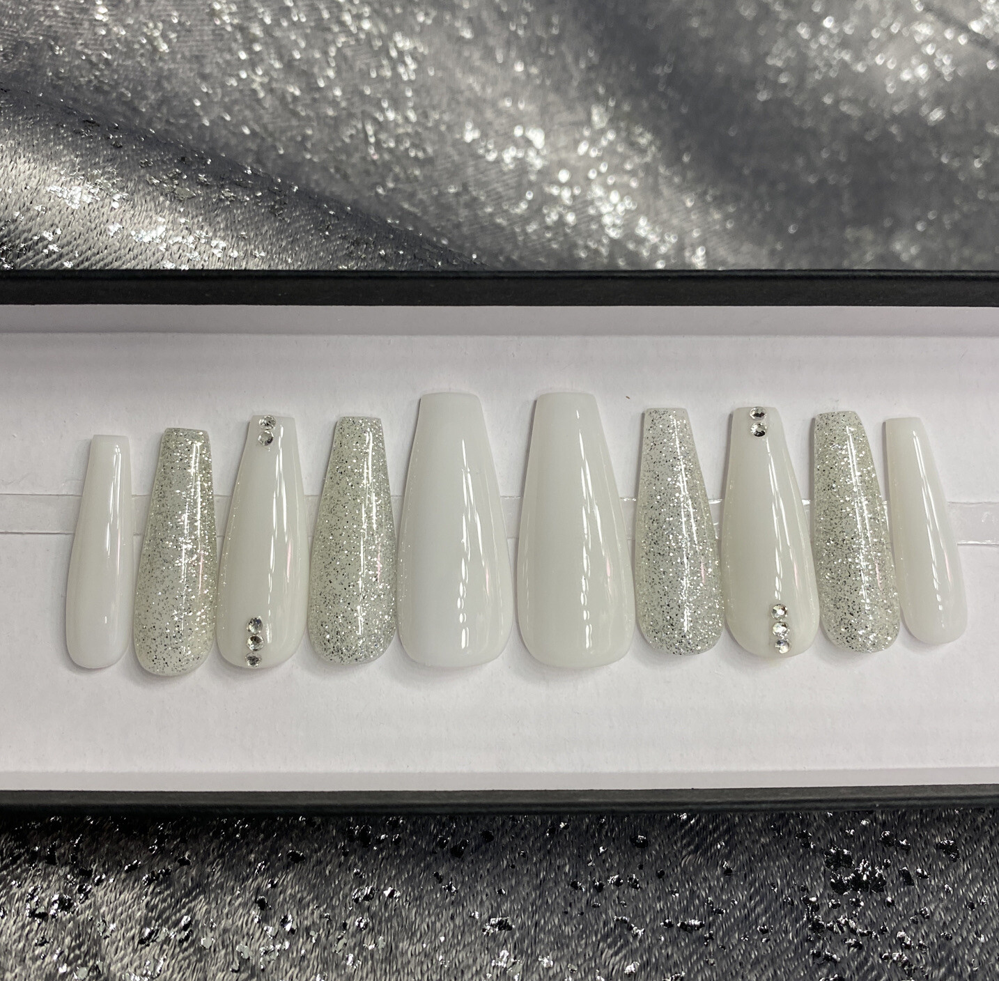 Luxury Gel Press On Nails, MILKY WHITE w/ BLING , Long Coffin, 10p W/ KIT