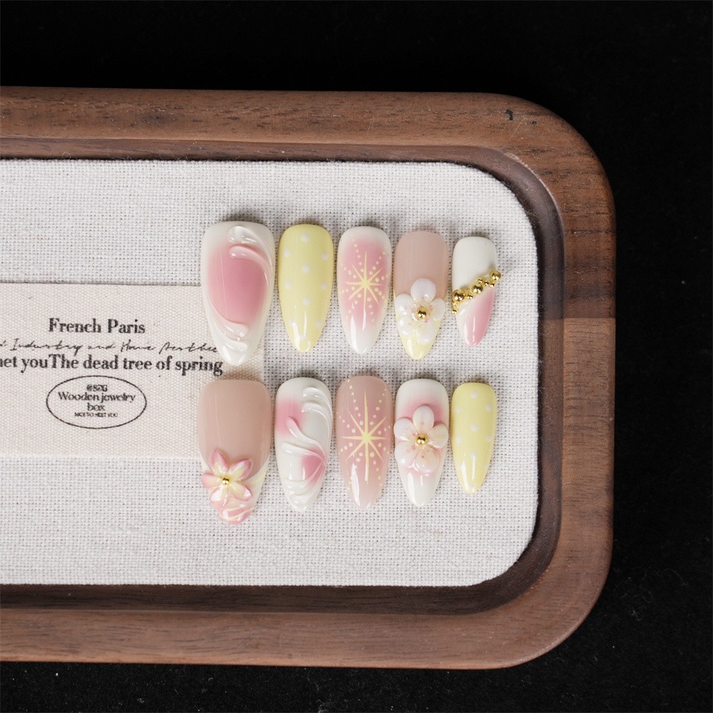 Handmade Pink Yellow Floral Press on Nails Gradient Polka Dot Lovely Fake Nails