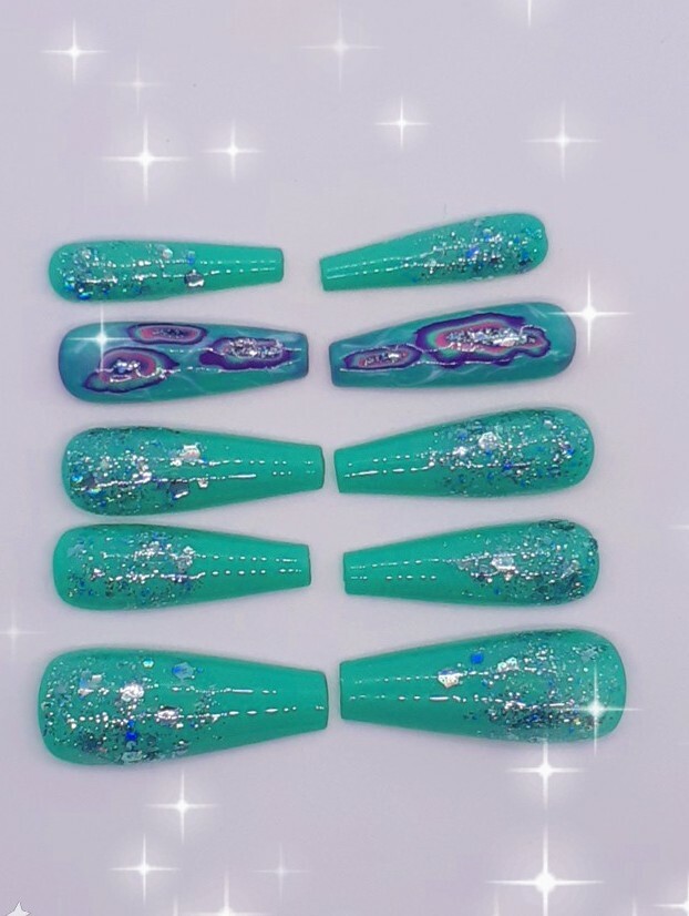 Purple Glitter Turquoise Teal Spring Wedding Prom Geology Nails- clearance