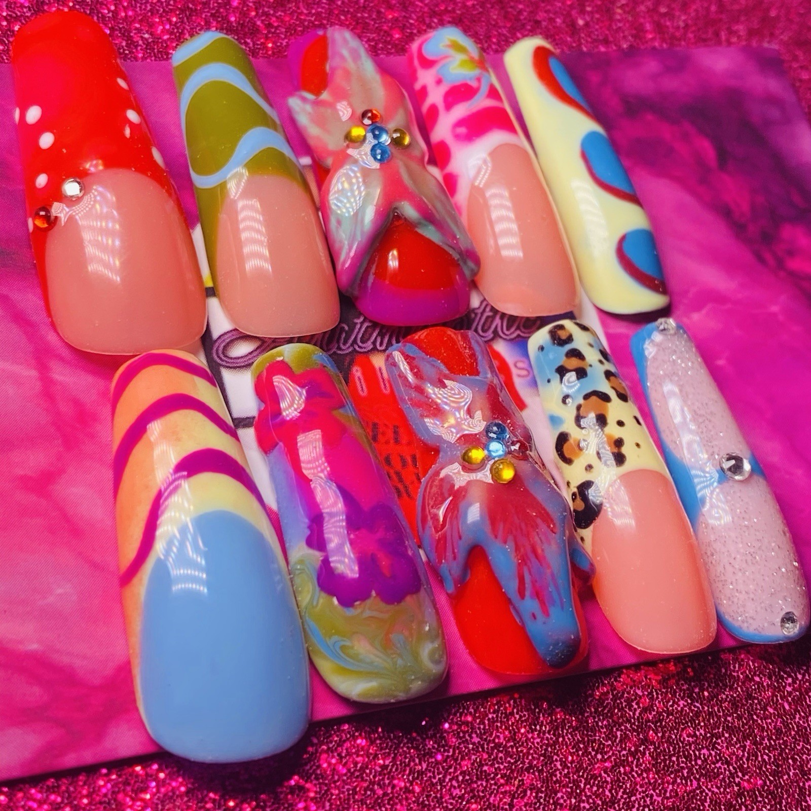 Authentic Nail Arts by Dia Long Coffin Press-On Nails Multicolor 3D Shiny