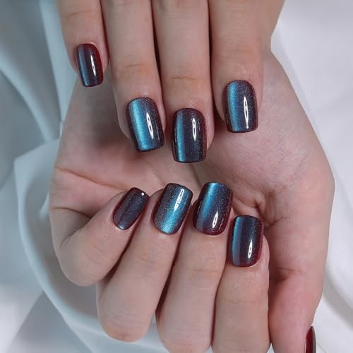Teal Blue Cat Eye Press On Nails – Square Fake Nails with M11 Galaxy Blue