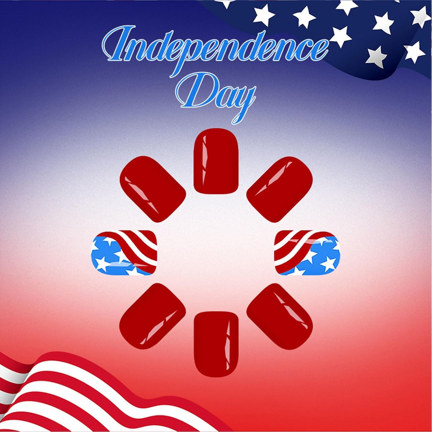4Th of July Press on Nails Short Square Fourth of July Fake Nails with Stars Red