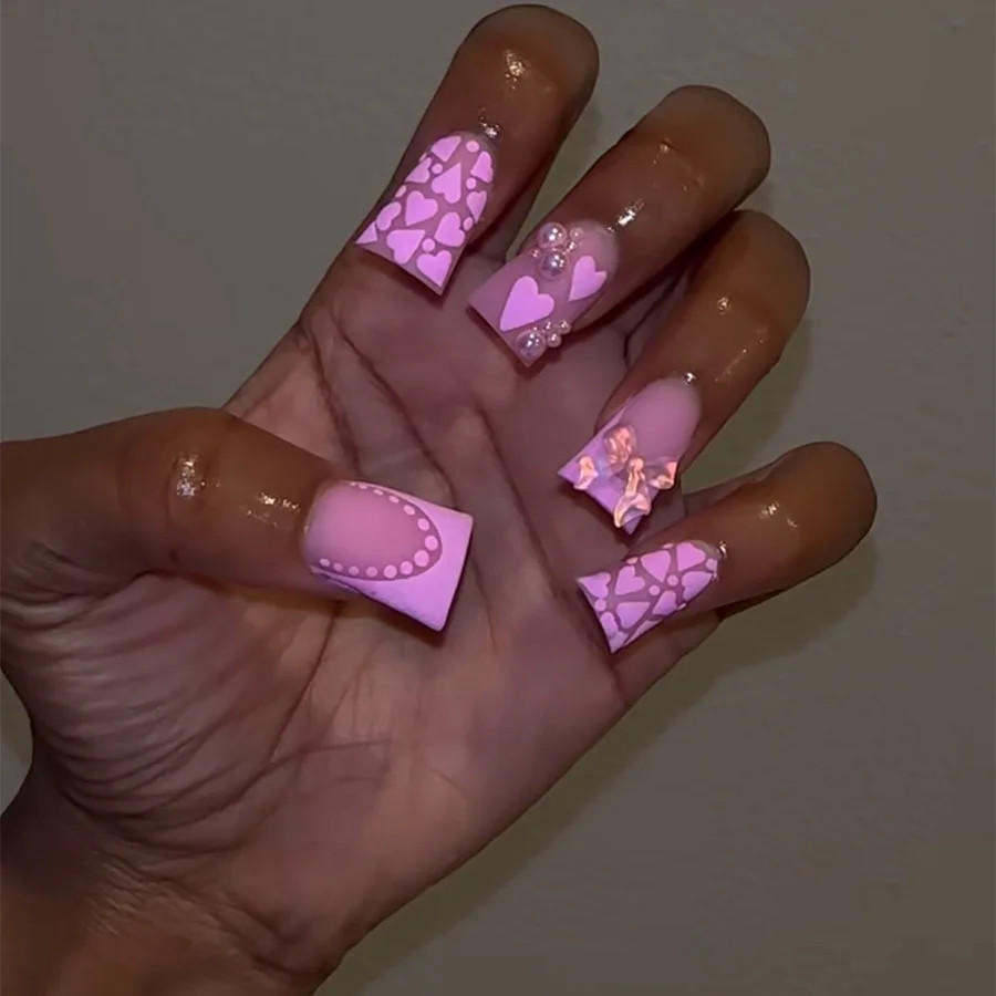 Pink Leopard Duckbill Press On Nails Sweet French Full Cover False Nails