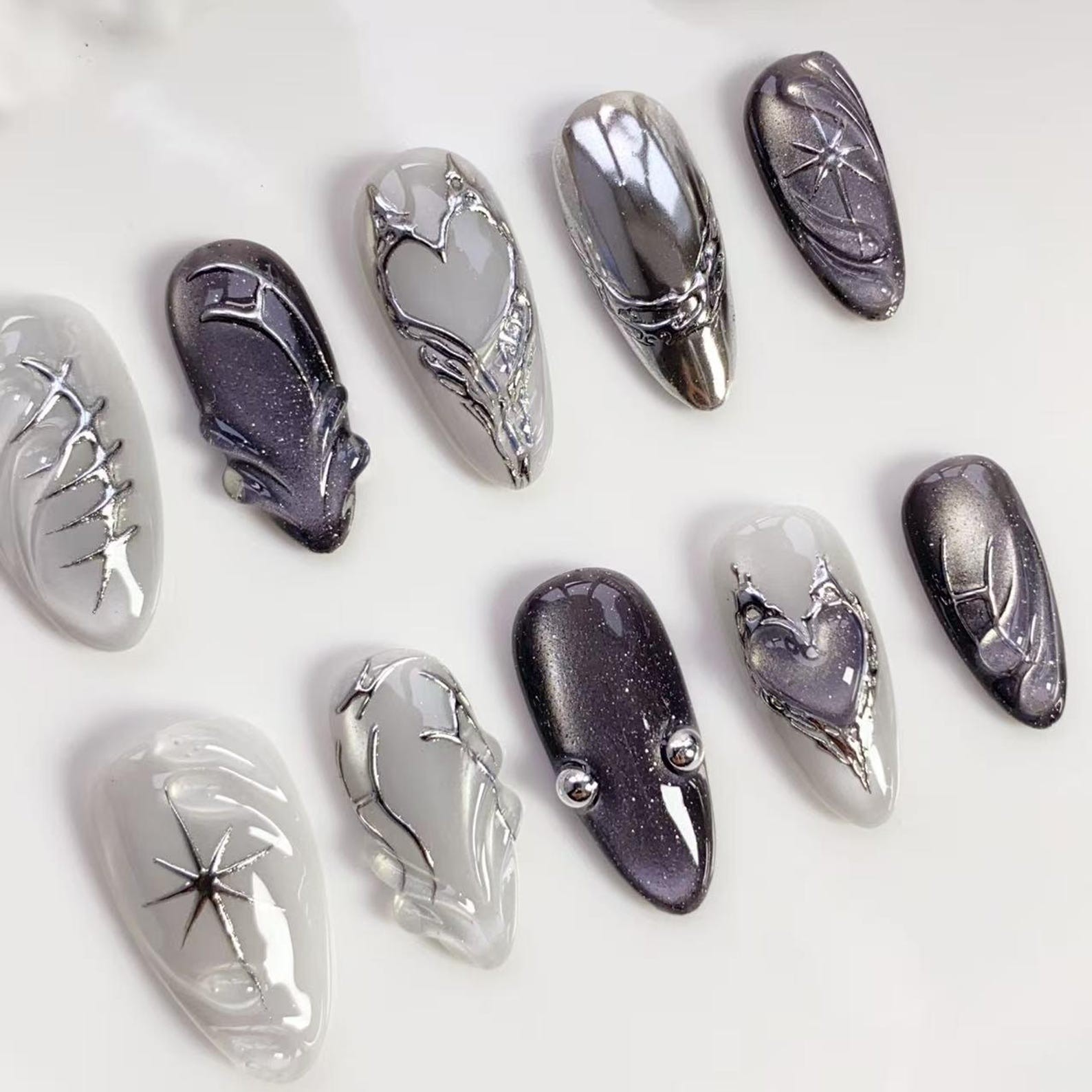 Handmade Dark Purple Silver Metal Heart Star Medium Almond Press on Nails