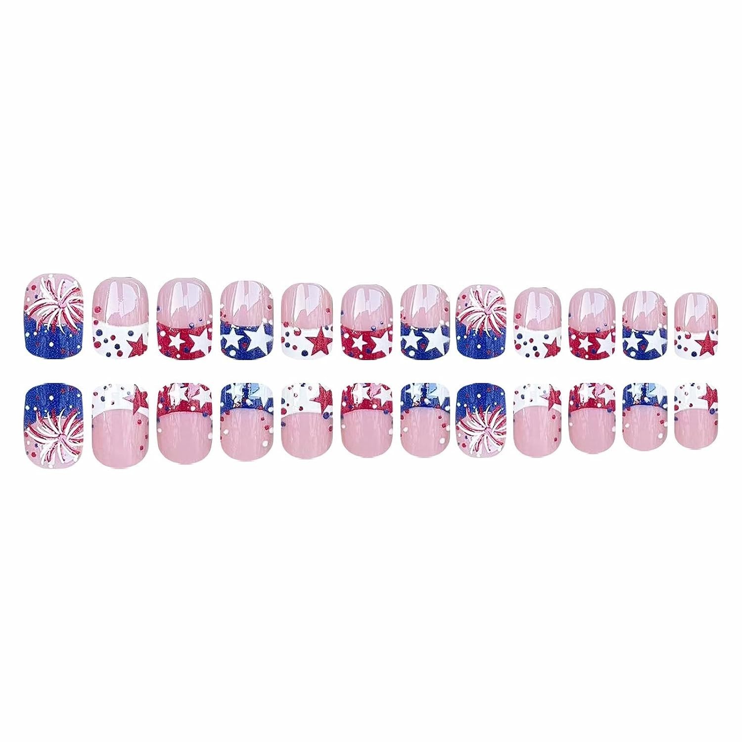 Acrylic Short Square Fake Nails Set – 4th of July French Tip Design (24 Pcs)