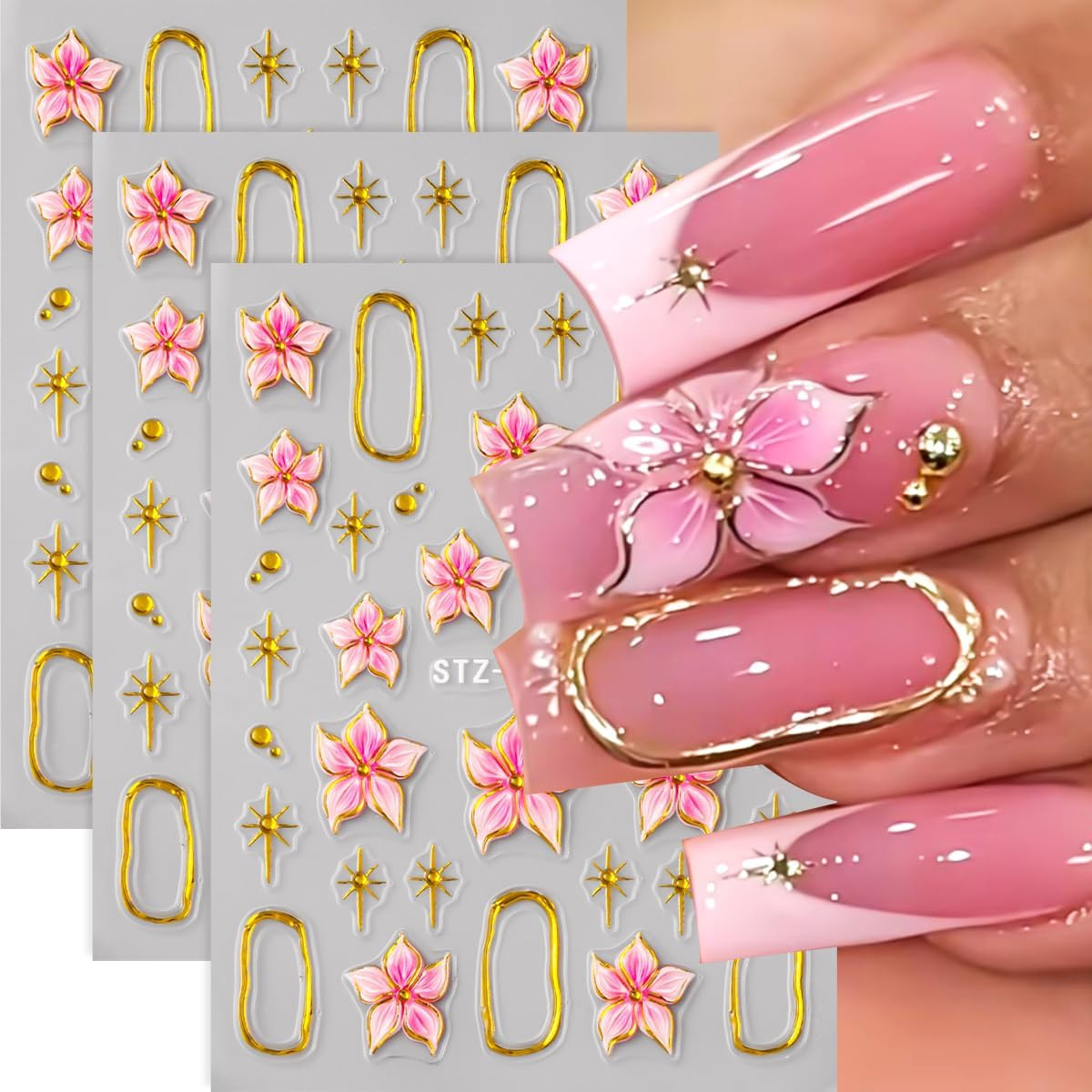 Flower Nail Art Stickers Decals,3 Sheets 5D Embossed Self Adhesive Stickers | Pi