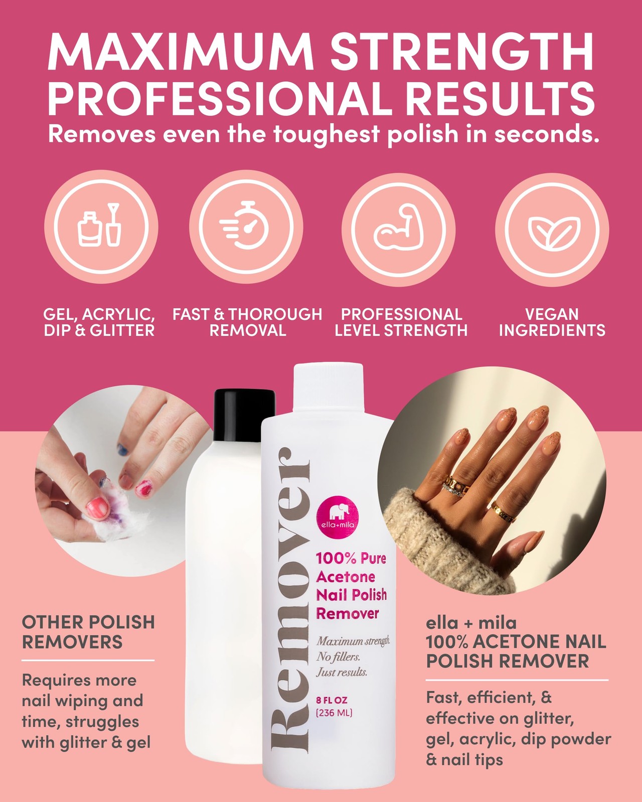 ella+mila 100% Pure Acetone Nail Polish Remover – 8 Fl Oz (Pack of 1)