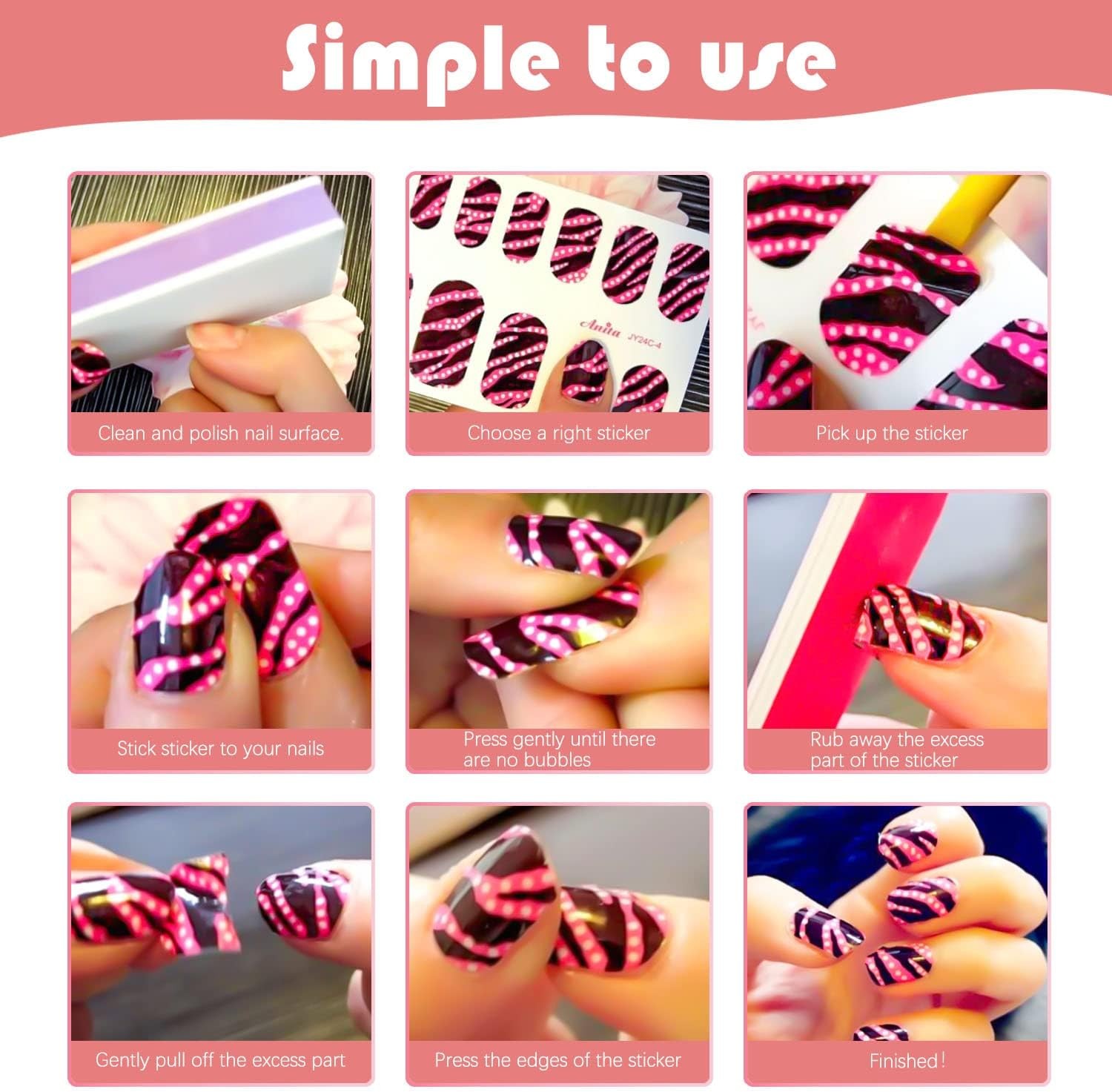DANNEASY 16 Sheets Nail Wraps for Women Polish Strips Solid Pink, Red