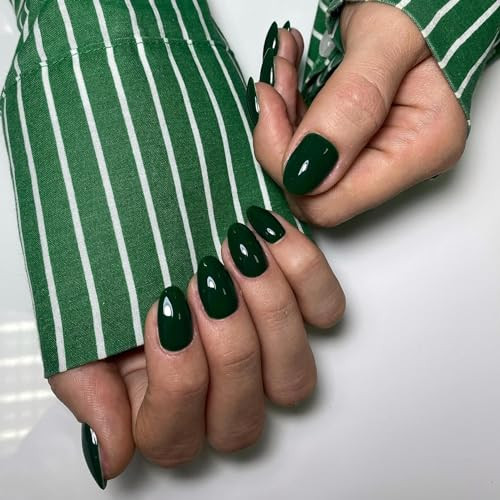 Press-on Nails, Short Oval Acrylic, 24 Pieces, Green, glossy dark green