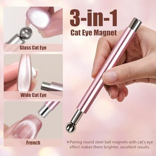 Cat Eye Magnet Nail Art Tools Set for Nails, 3 in 1 Pink Double-Head Gold