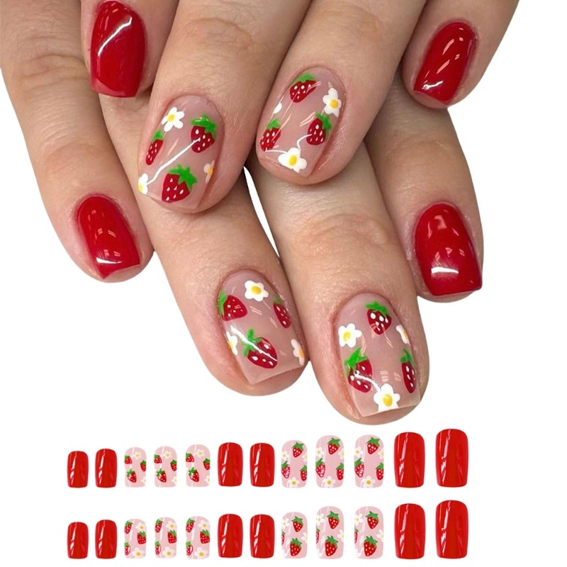 24x/Box Lovely Strawberry False Nails Short Press On Nails Full Cover Nail Tips