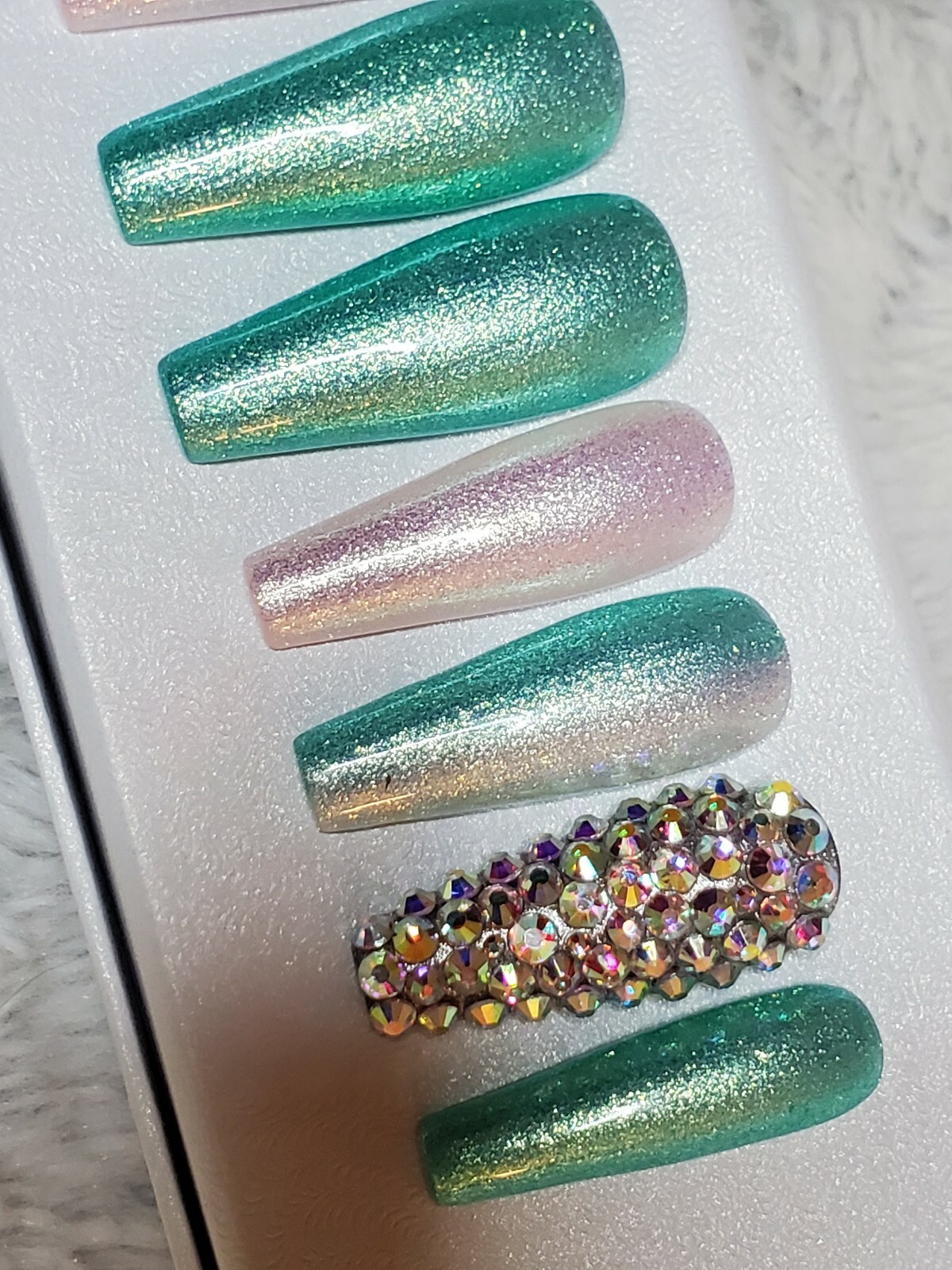 Green & white Bling glitter long ballerina diamond press on nails barbie ombre