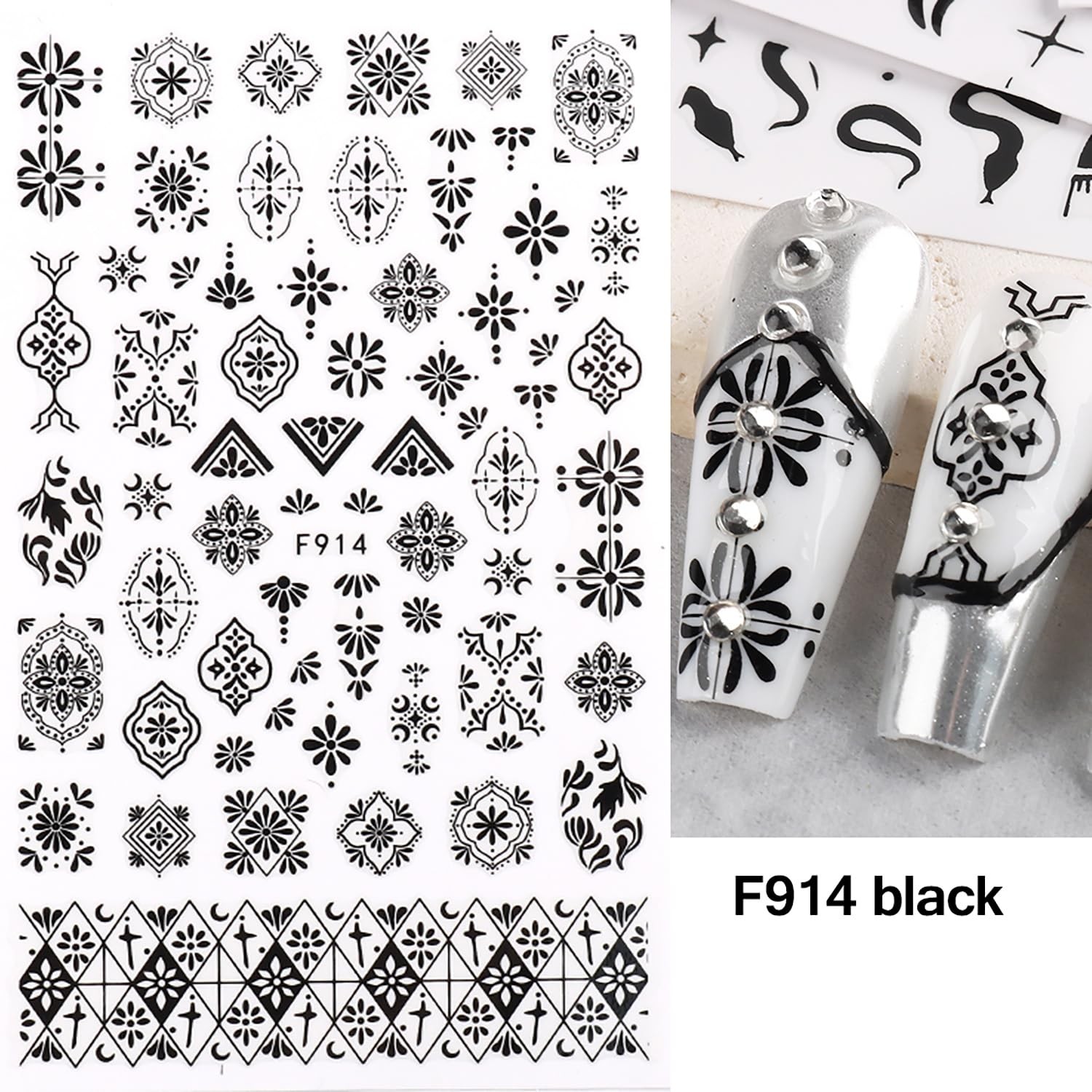 Black Rose 3D -Adhesive Nail Decals – Holographic Snake Sun Stars Eye Art Des…