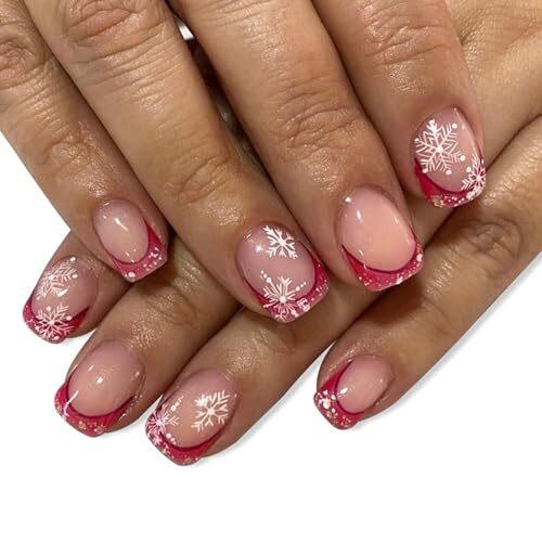 Christmas White Snowflake Press on Nails Short Square Christmas Design 1057