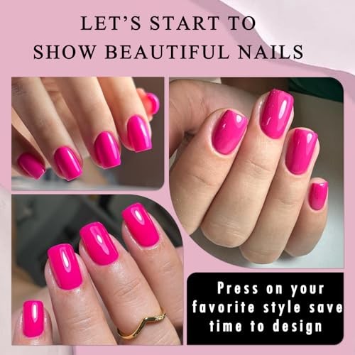 Square Press on Nails Short, 120Pcs Glossy Fake Nails Full Cover Hot Pink